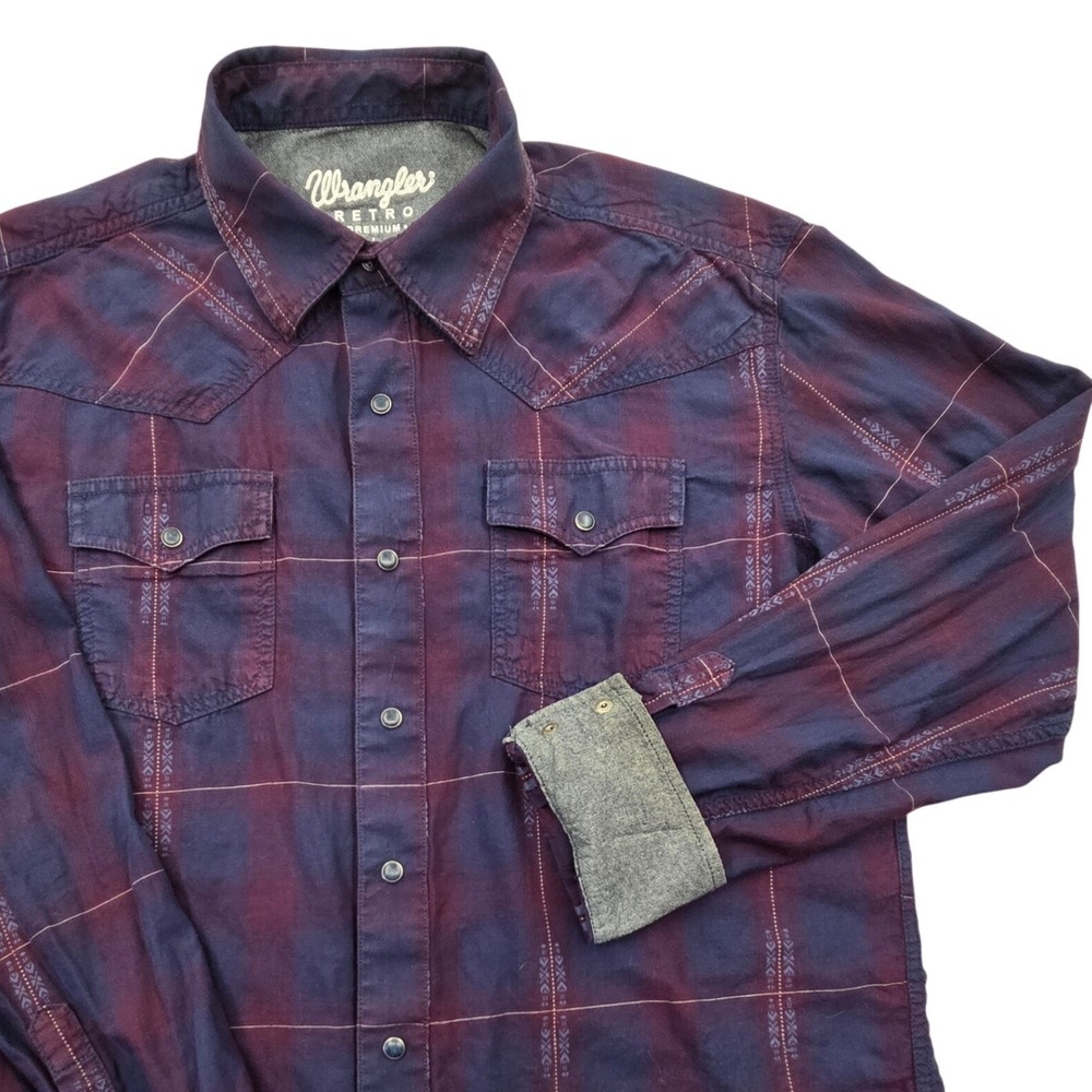 Wrangler Retro Premium Purple Aztec Plaid Western Snap Shirt Mens Large
